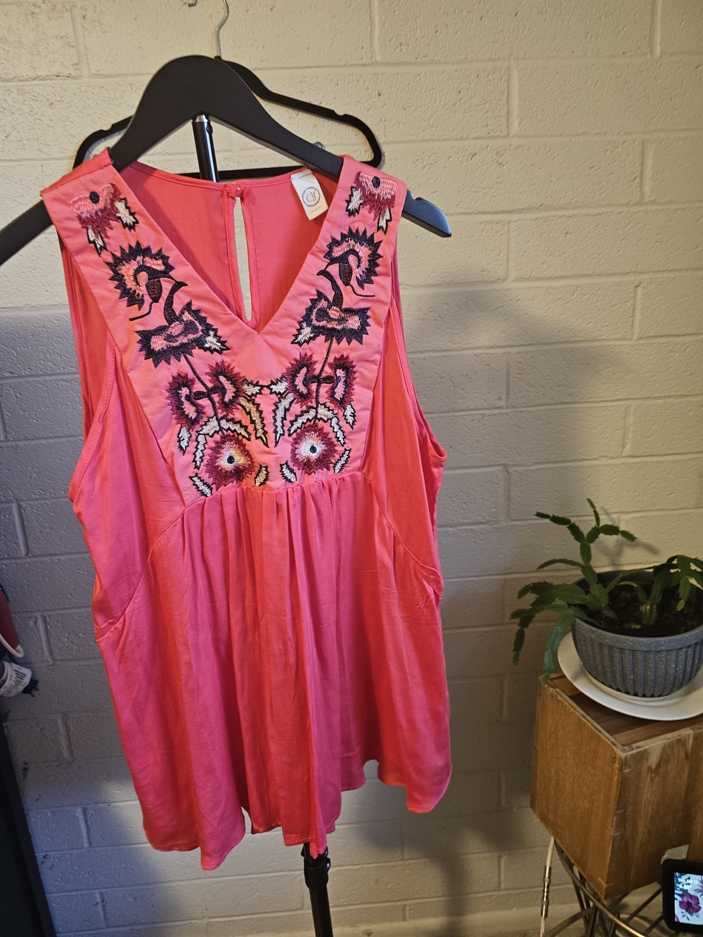 CJ Fashion Embroidered Floral Sleeveless Babydoll Top Coral Pink